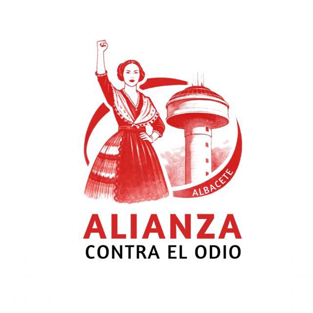 Icono de la paltaforma Alianza contra el odio. Representa una manchega con el brazo en alto y al fondo la imagen del depósito del agua, característico de Albacete
