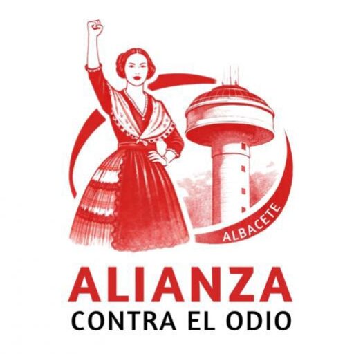 Icono de la paltaforma Alianza contra el odio. Representa una manchega con el brazo en alto y al fondo la imagen del depósito del agua, característico de Albacete